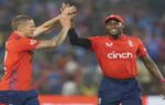 pune england39s bowler brydon carse celebrates the wicket of indian batter rinku