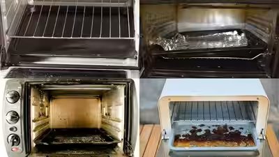 remove baked on grease from a toaster oven