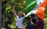 new delhi oct 06 ani lok sabha lop rahul gandhi holds the tricolour outside