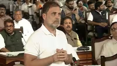 rahul gandhi during his address at opposition mock parlaiment