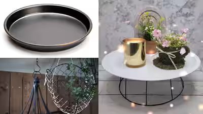 this diy turns a simple pizza pan into stylish countertop storage